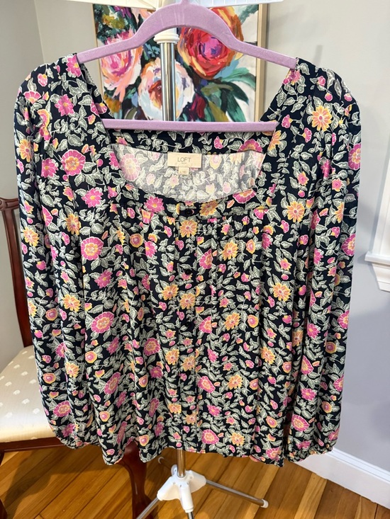 LOFT Tops - LOFT Navy Floral Square-Neck Blouse - Pink & Yellow Flowers